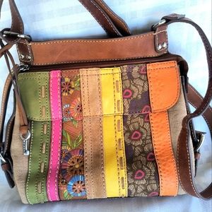 Fossil Tan Multicolor Canvas Crossbody Shoulder Bag.